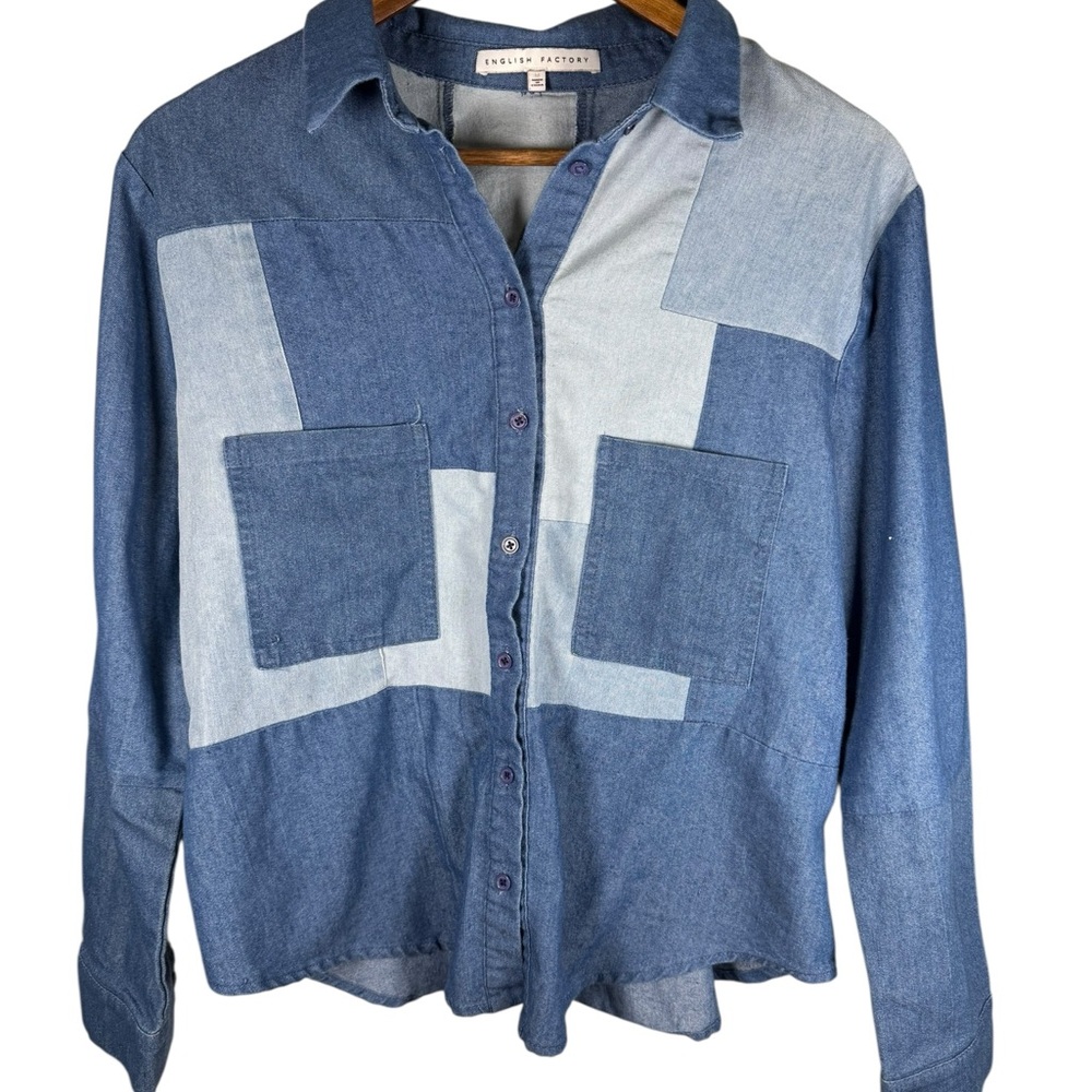 English Factory Blue Denim Patchwork Chambray Boxy Blouse 100% Cotton Size M